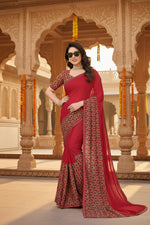 Load image into Gallery viewer, Women's Georgette Printed Saree With Unstitched Blouse 5.5Mtr (Red)
