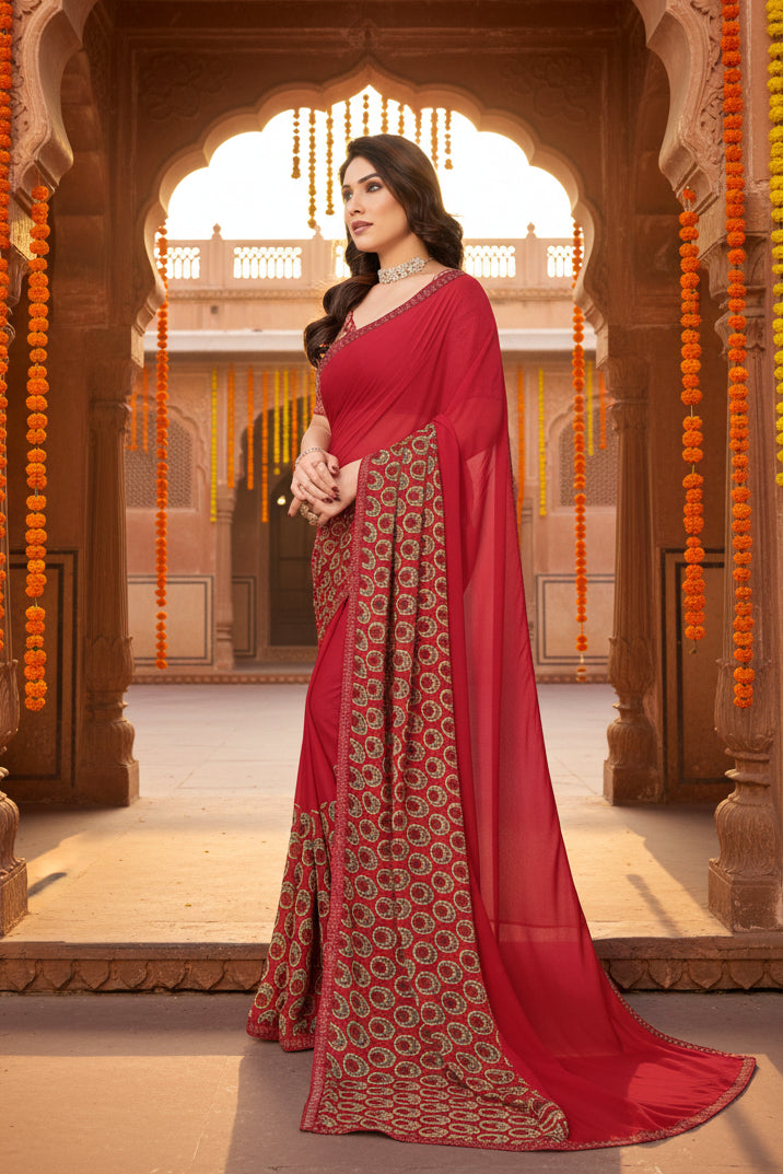 Women's georgette printed saree with unstitched blouse 5