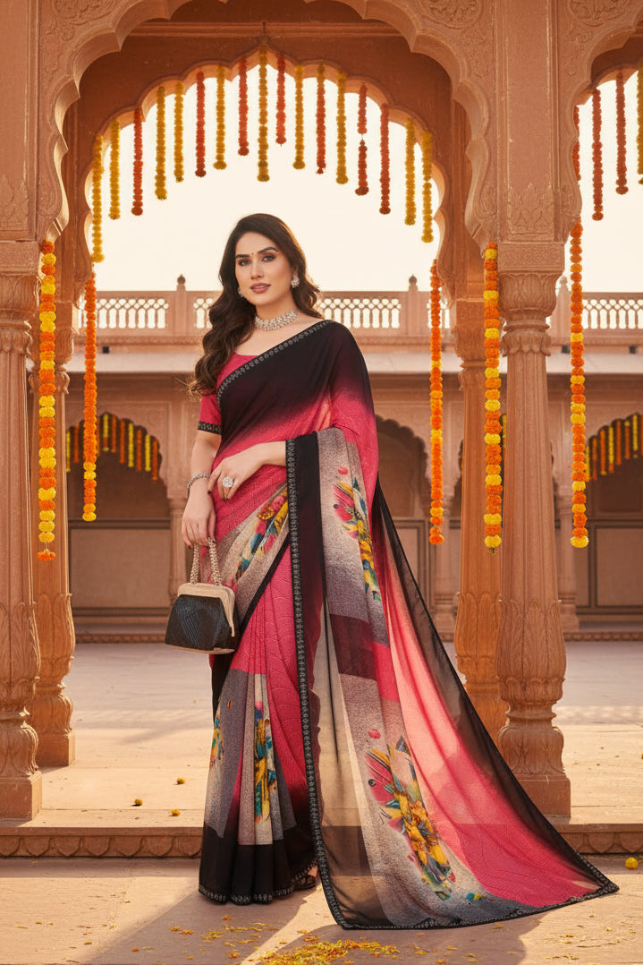 Women's Georgette Printed Saree With Unstitched Blouse 5.5Mtr (Multicolor)