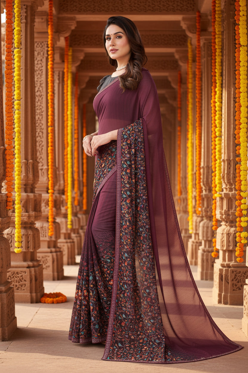 Women's Georgette Printed Saree With Unstitched Blouse 5.5Mtr (Maroon)