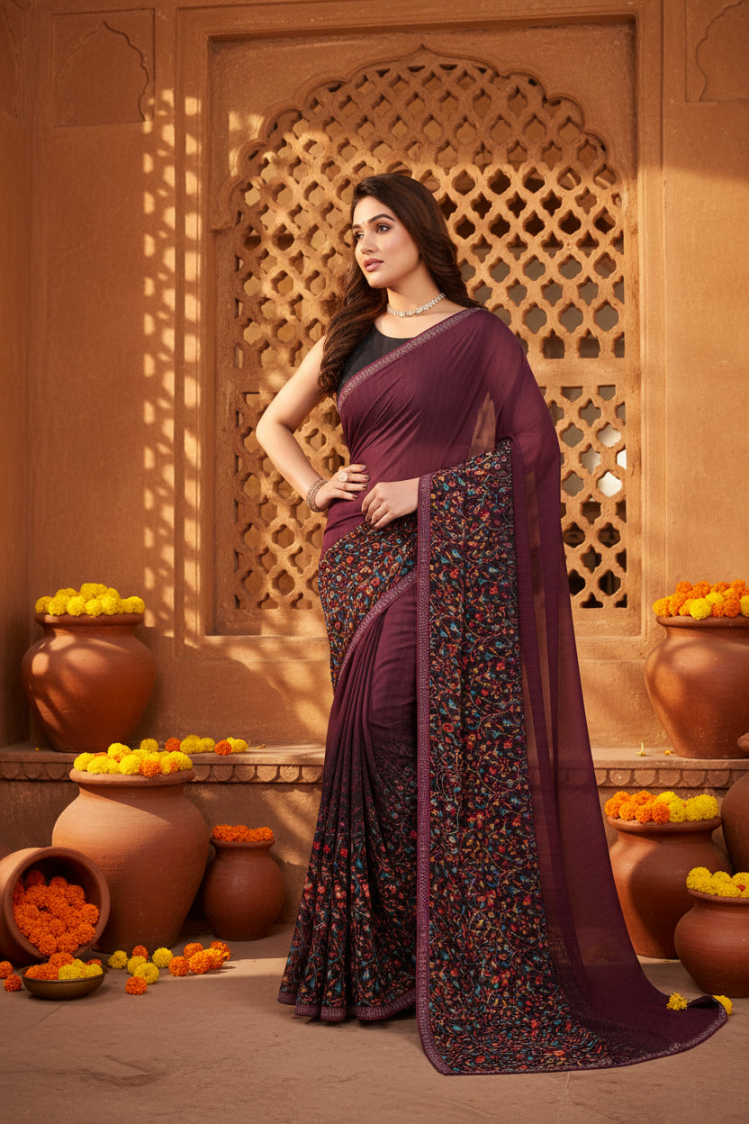 Women's Georgette Printed Saree With Unstitched Blouse 5.5Mtr (Maroon)