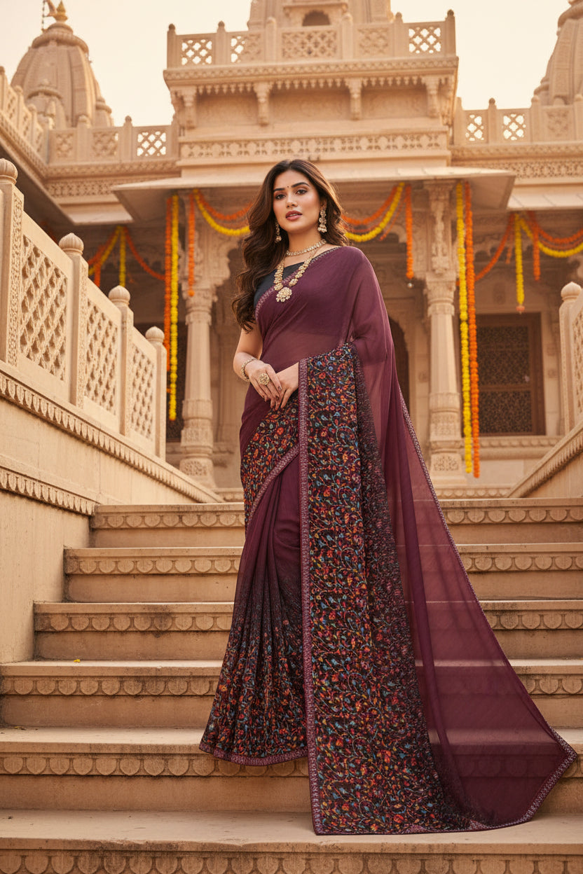 Women's Georgette Printed Saree With Unstitched Blouse 5.5Mtr (Maroon)
