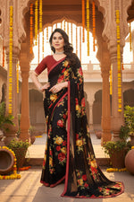 Load image into Gallery viewer, Women's Georgette Printed Saree With Unstitched Blouse 5.5Mtr (Black)
