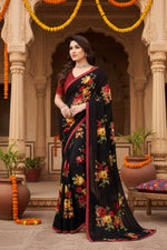 Load image into Gallery viewer, Women's Georgette Printed Saree With Unstitched Blouse 5.5Mtr (Black)
