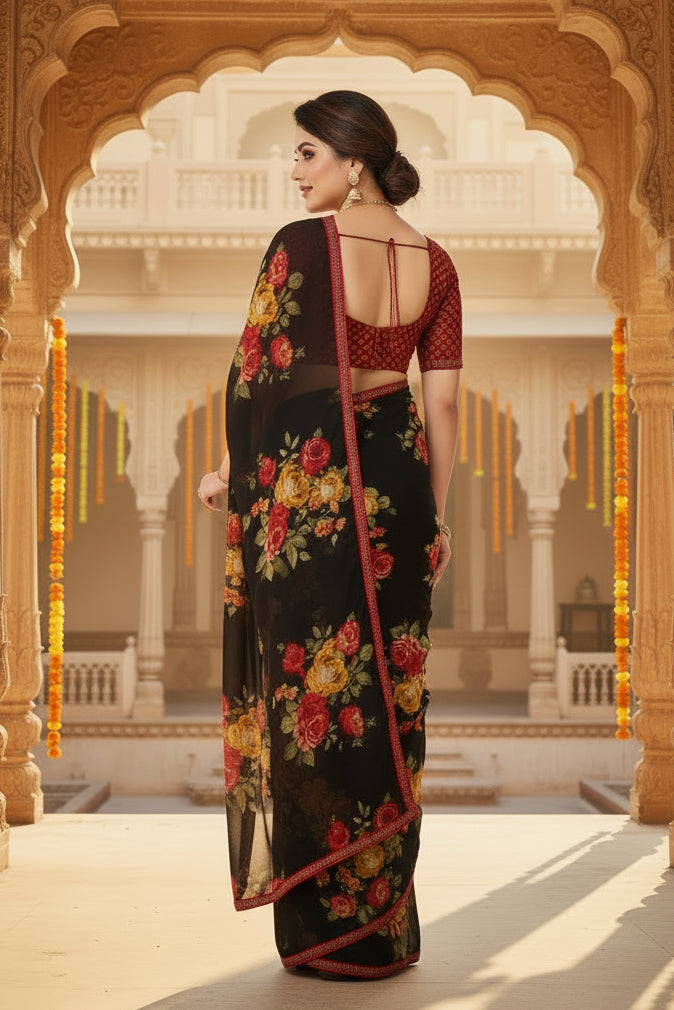Women's Georgette Printed Saree With Unstitched Blouse 5.5Mtr (Black)