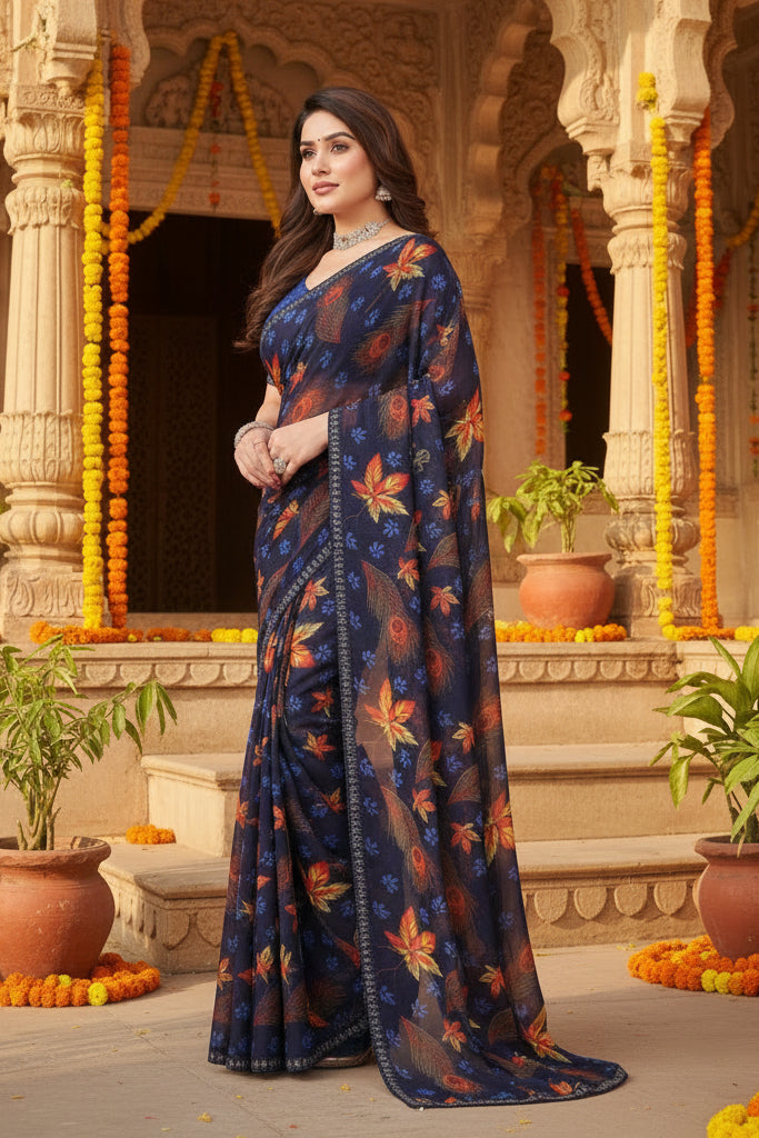 Women's Georgette Printed Saree With Unstitched Blouse 5.5Mtr (Blue)