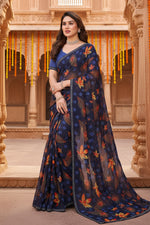 Load image into Gallery viewer, Women's Georgette Printed Saree With Unstitched Blouse 5.5Mtr (Blue)
