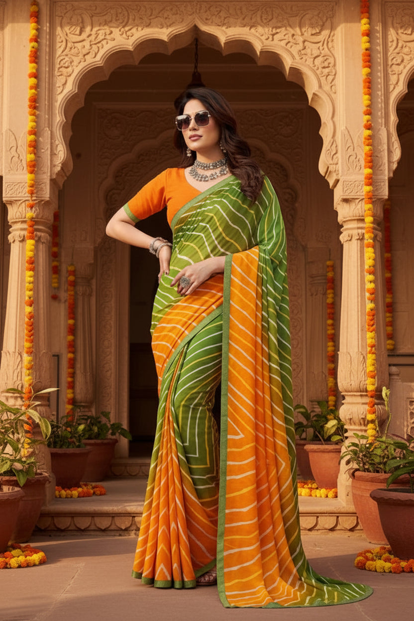 Women's georgette printed saree with unstitched blouse 5