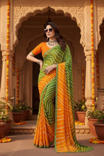 Load image into Gallery viewer, Women's Georgette Printed Saree With Unstitched Blouse 5.5Mtr (Green)
