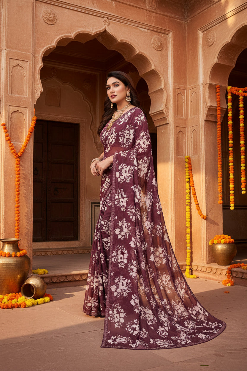Women's Georgette Printed Saree With Unstitched Blouse 5.5Mtr (Brown)