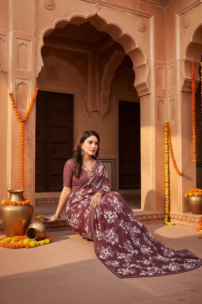 Women's Georgette Printed Saree With Unstitched Blouse 5.5Mtr (Brown)