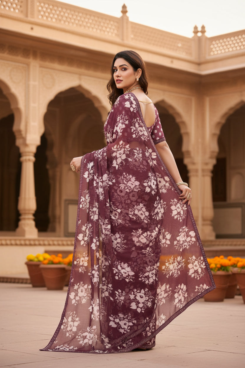 Women's Georgette Printed Saree With Unstitched Blouse 5.5Mtr (Brown)