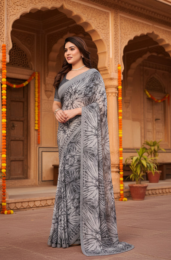 Women's Georgette Printed Saree With Unstitched Blouse 5.5Mtr (Grey)