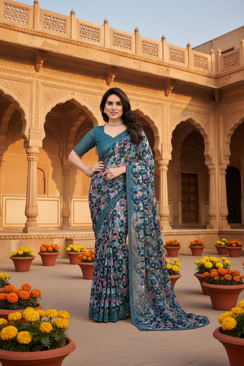 Women's Georgette Printed Saree With Unstitched Blouse 5.5Mtr (Sky Blue)