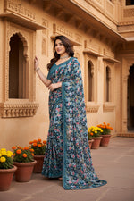Load image into Gallery viewer, Women's Georgette Printed Saree With Unstitched Blouse 5.5Mtr (Sky Blue)
