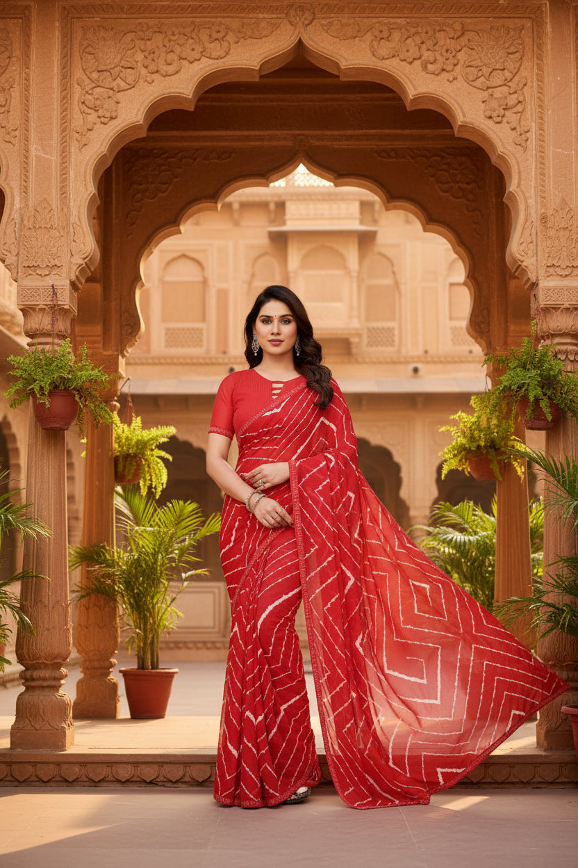 Women's Georgette Printed Saree With Unstitched Blouse 5.5Mtr (Red)