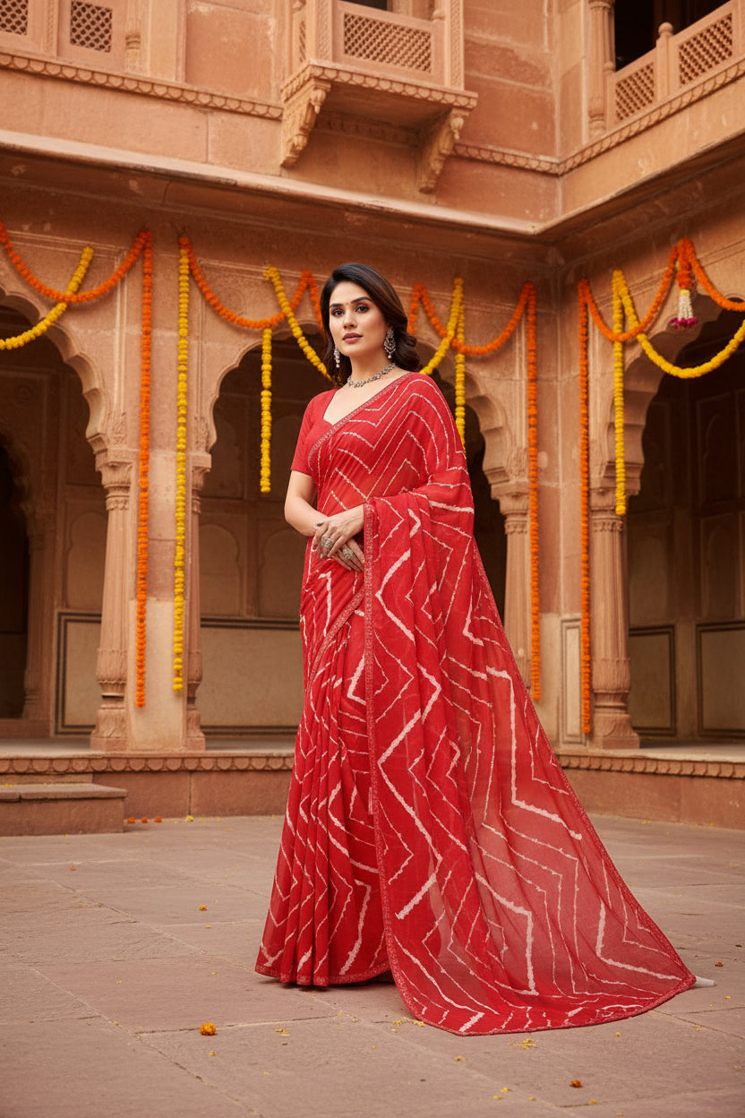 Women's Georgette Printed Saree With Unstitched Blouse 5.5Mtr (Red)