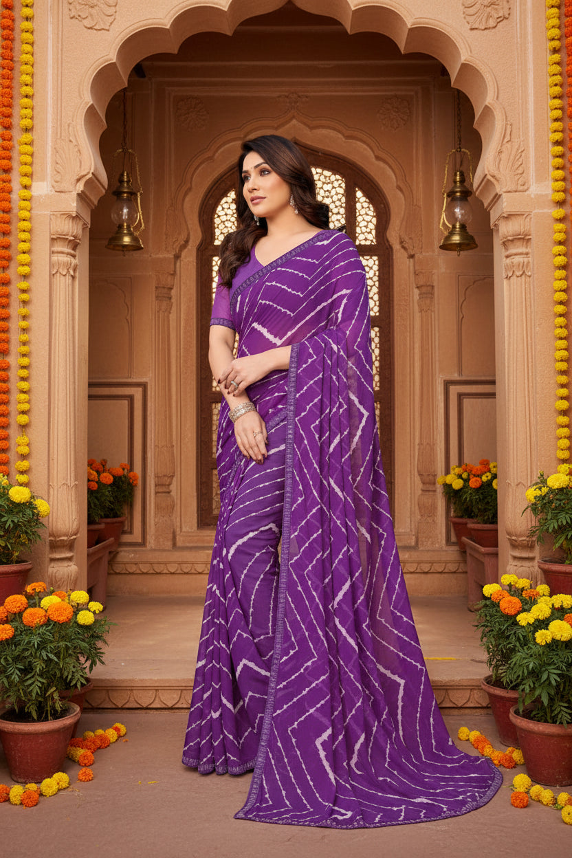 Women's Georgette Printed Saree With Unstitched Blouse 5.5Mtr (Purple)