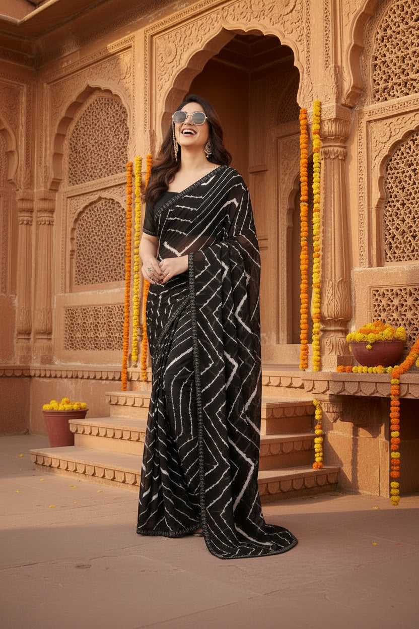 Women's Georgette Printed Saree With Unstitched Blouse 5.5Mtr (Black)