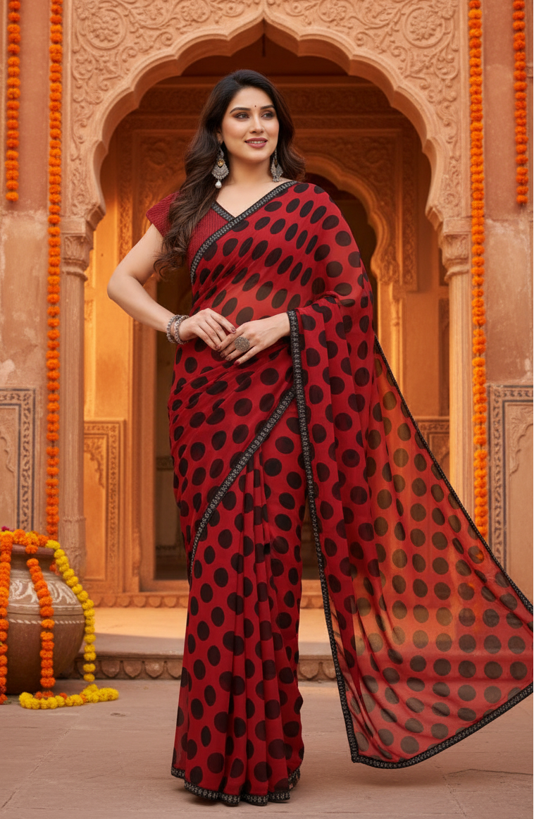 Women's Georgette Printed Saree With Unstitched Blouse 5.5Mtr (Red)
