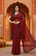 Load image into Gallery viewer, Women's Georgette Printed Saree With Unstitched Blouse 5.5Mtr (Red)

