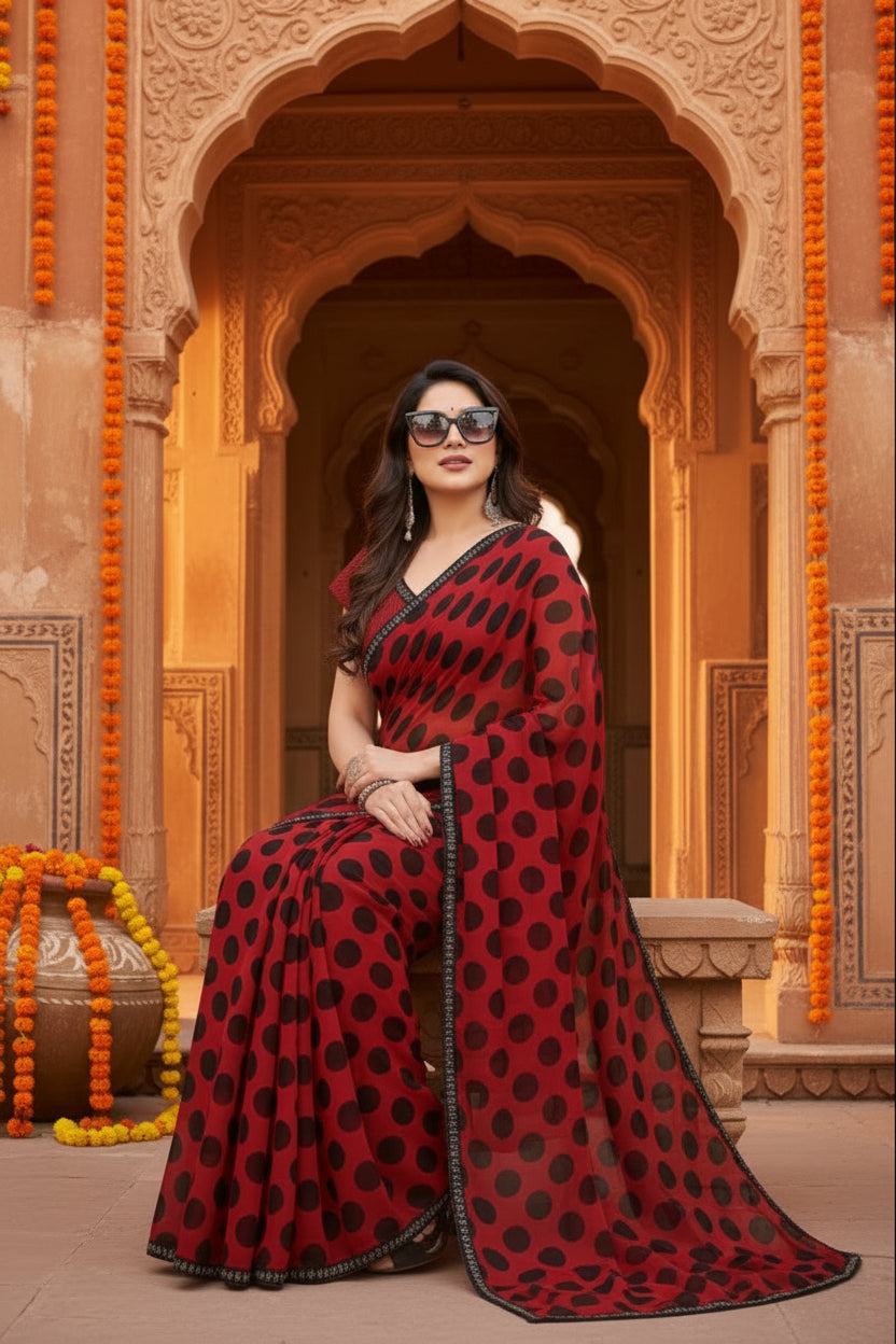 Women's Georgette Printed Saree With Unstitched Blouse 5.5Mtr (Red)