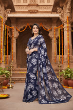 Load image into Gallery viewer, Women's Georgette Printed Saree With Unstitched Blouse 5.5Mtr (Navy Blue)
