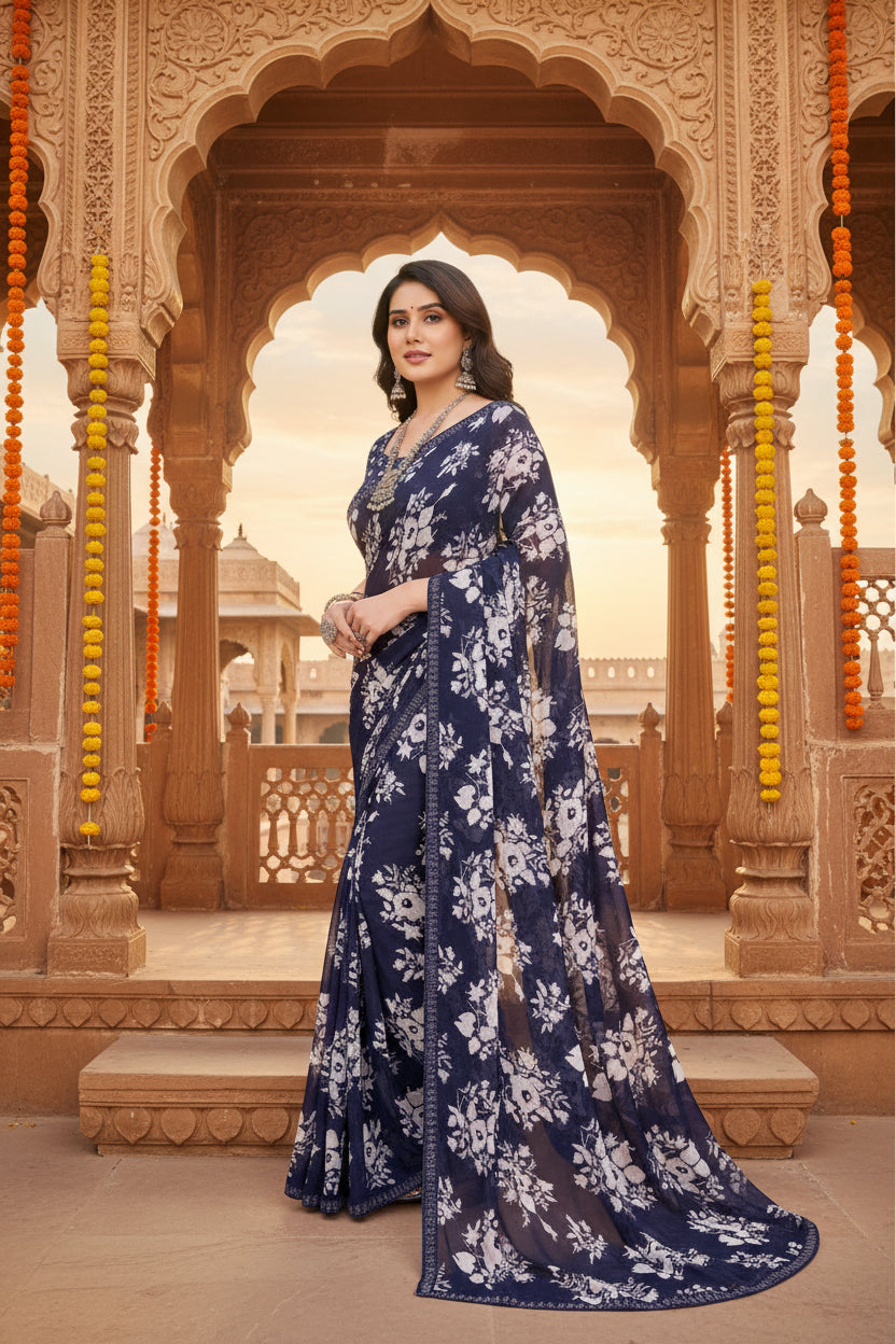 Women's georgette printed saree with unstitched blouse 5