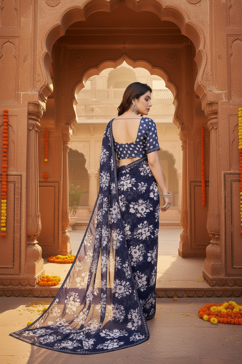 Women's Georgette Printed Saree With Unstitched Blouse 5.5Mtr (Navy Blue)