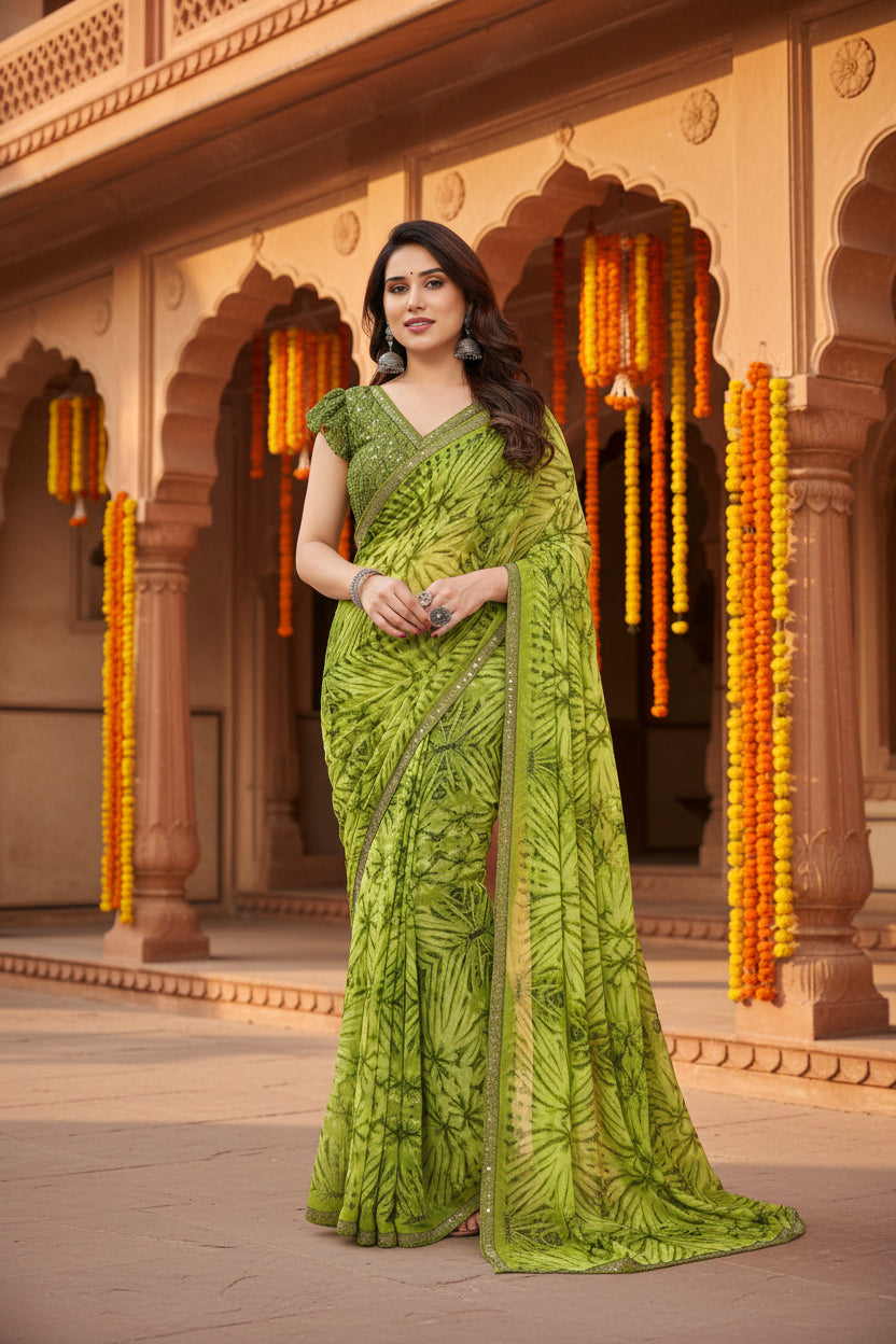 Women's Georgette Printed Saree With Unstitched Blouse 5.5Mtr (Mehendi Green)