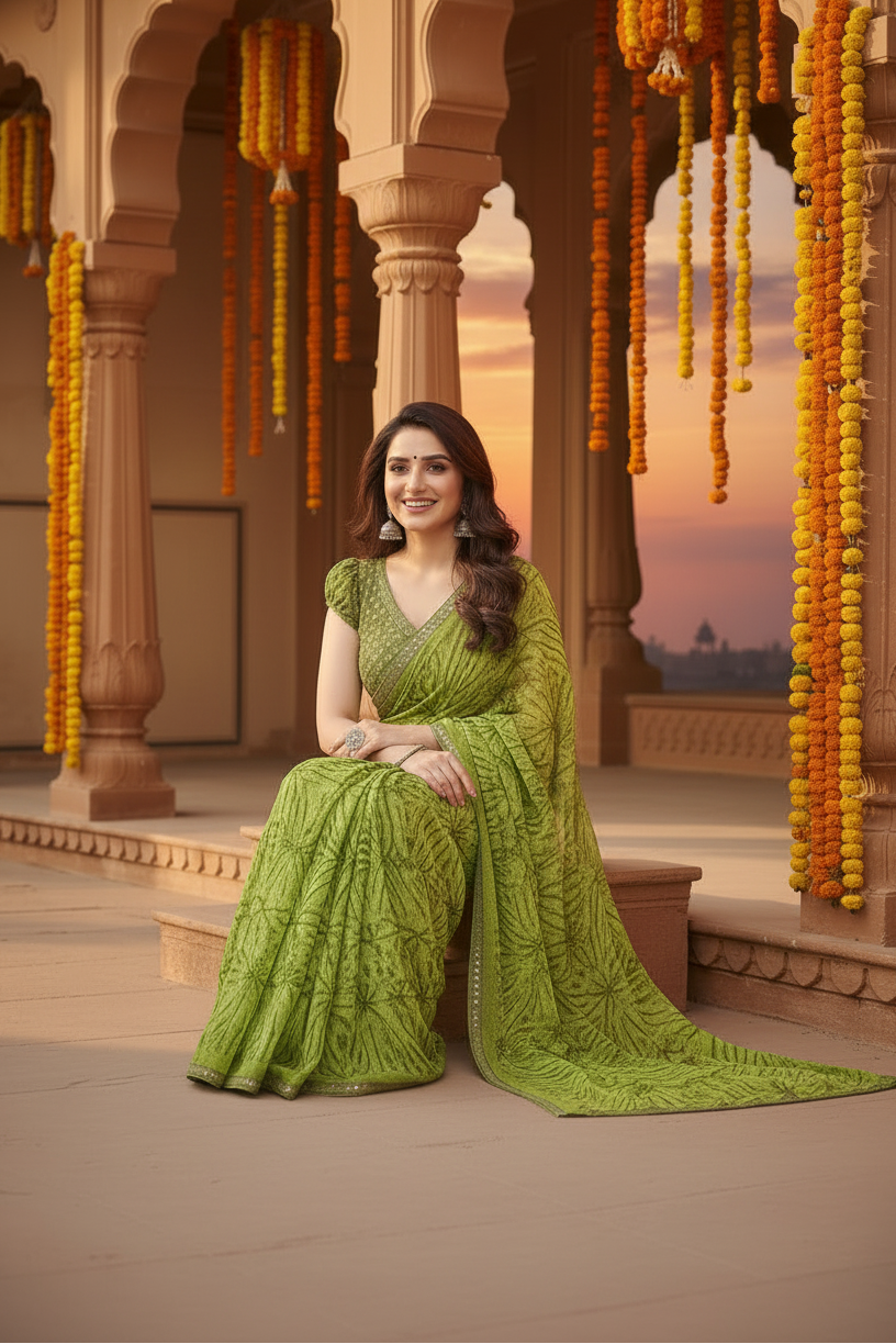 Women's Georgette Printed Saree With Unstitched Blouse 5.5Mtr (Mehendi Green)
