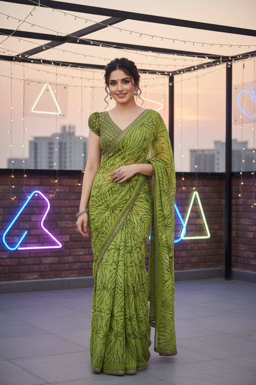 Women's Georgette Printed Saree With Unstitched Blouse 5.5Mtr (Mehendi Green)