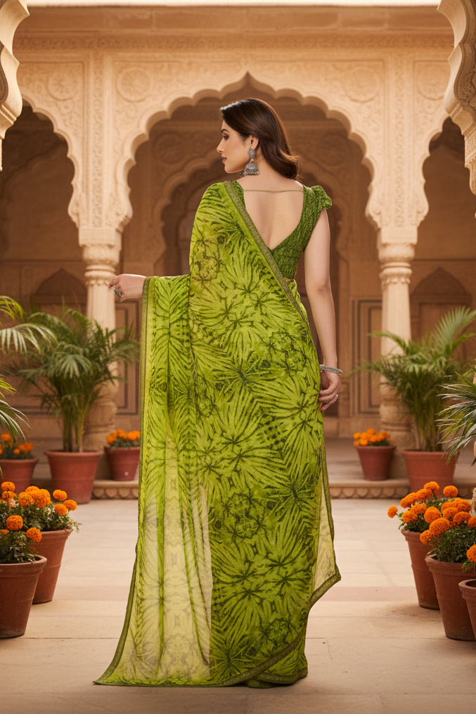 Women's Georgette Printed Saree With Unstitched Blouse 5.5Mtr (Mehendi Green)