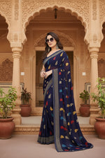 Load image into Gallery viewer, Women's Georgette Printed Saree With Unstitched Blouse 5.5Mtr (Navy Blue)
