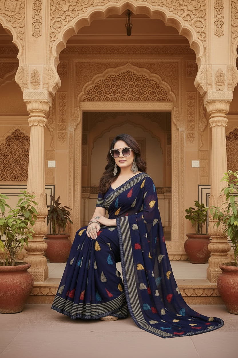 Women's Georgette Printed Saree With Unstitched Blouse 5.5Mtr (Navy Blue)