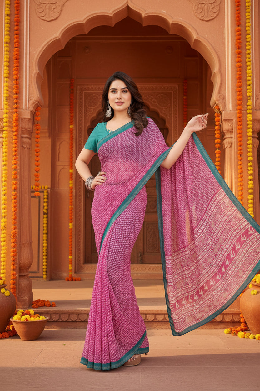 Women's georgette printed saree with unstitched blouse 5