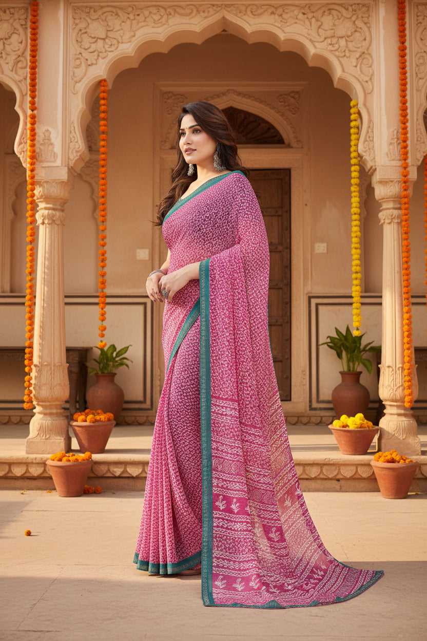 Women's Georgette Printed Saree With Unstitched Blouse 5.5Mtr (Pink)