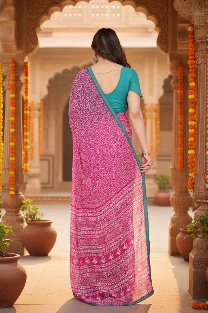 Women's Georgette Printed Saree With Unstitched Blouse 5.5Mtr (Pink)