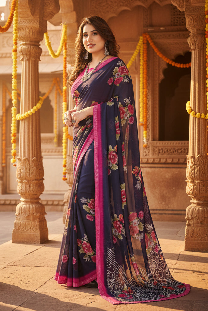 Women's Georgette Printed Saree With Unstitched Blouse 5.5Mtr (Blue)