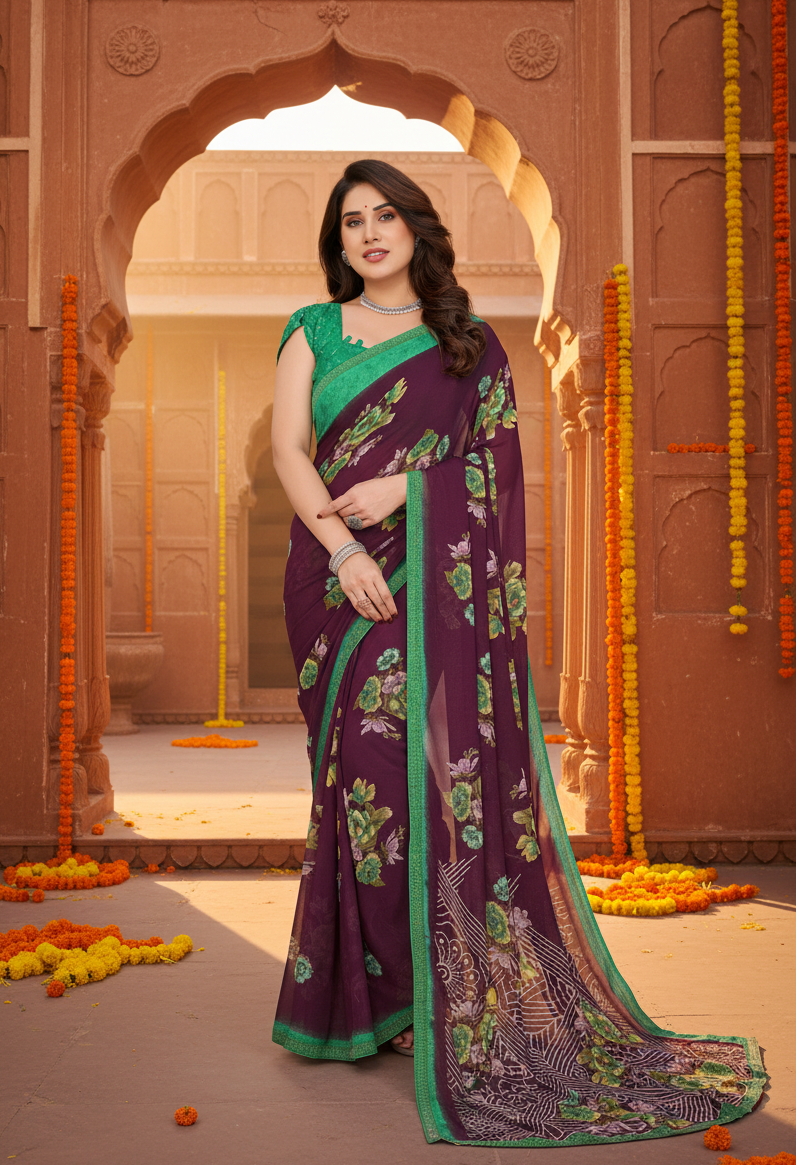 Women's Georgette Printed Saree With Unstitched Blouse 5.5Mtr (Maroon)