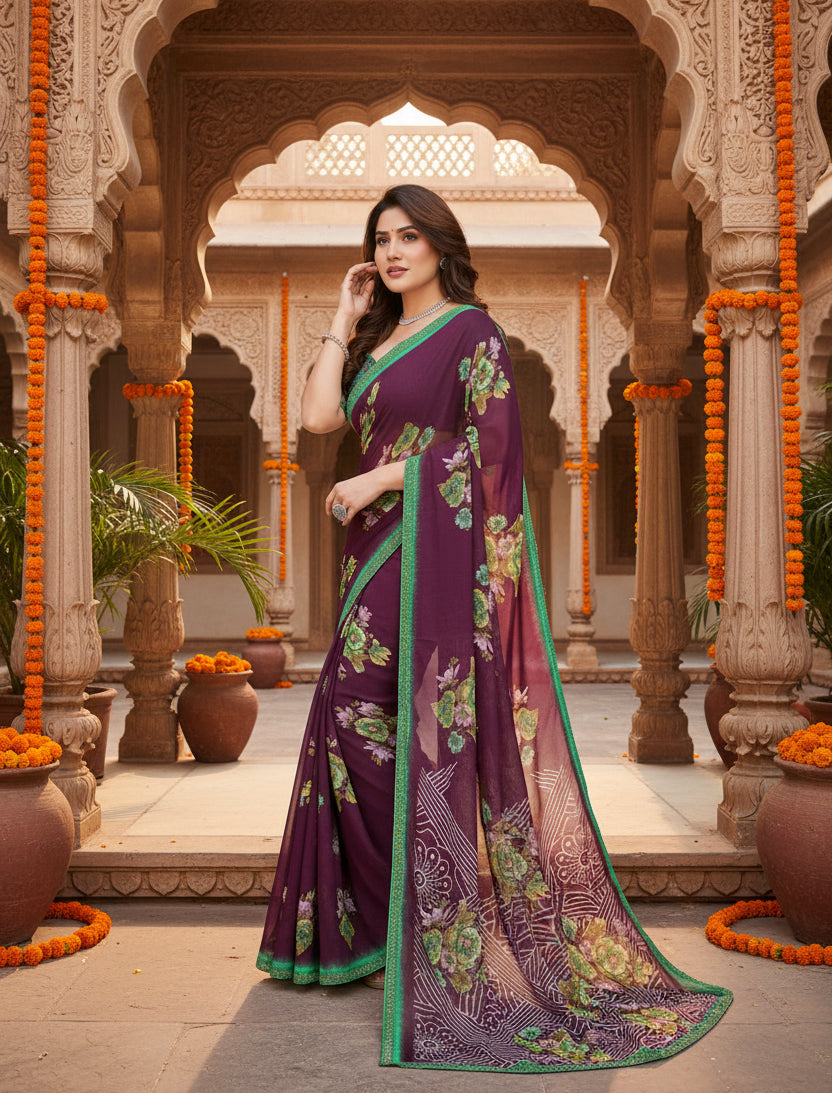 Women's georgette printed saree with unstitched blouse 5