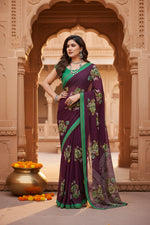 Load image into Gallery viewer, Women's Georgette Printed Saree With Unstitched Blouse 5.5Mtr (Maroon)
