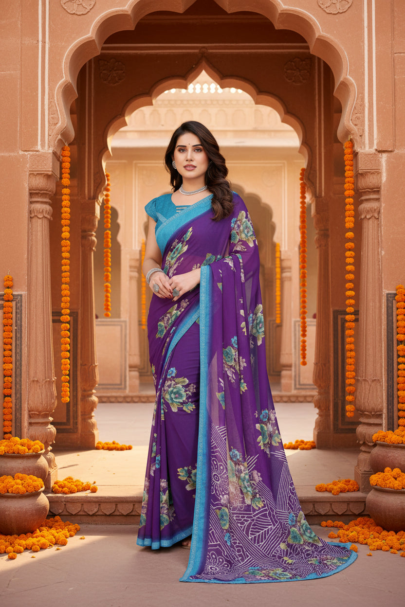 Women's Georgette Printed Saree With Unstitched Blouse 5.5Mtr (Purple)