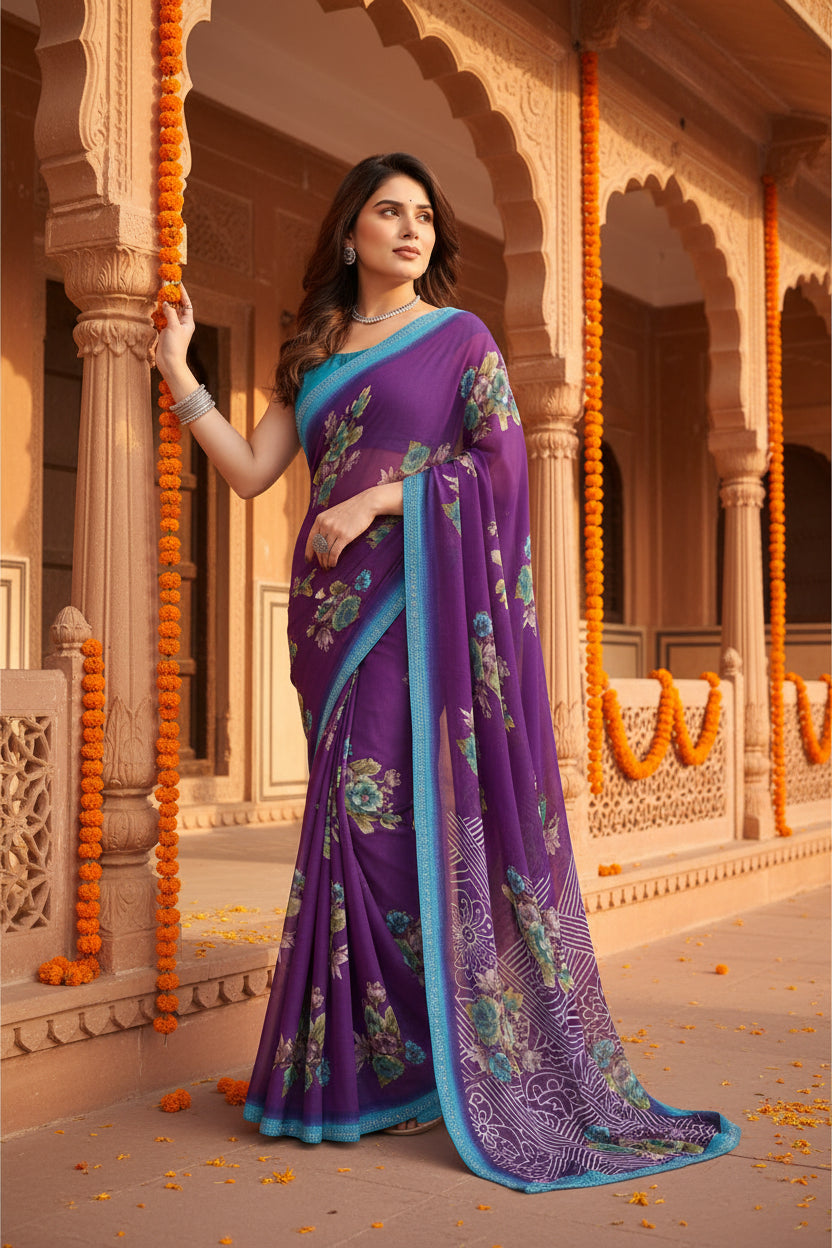 Women's Georgette Printed Saree With Unstitched Blouse 5.5Mtr (Purple)