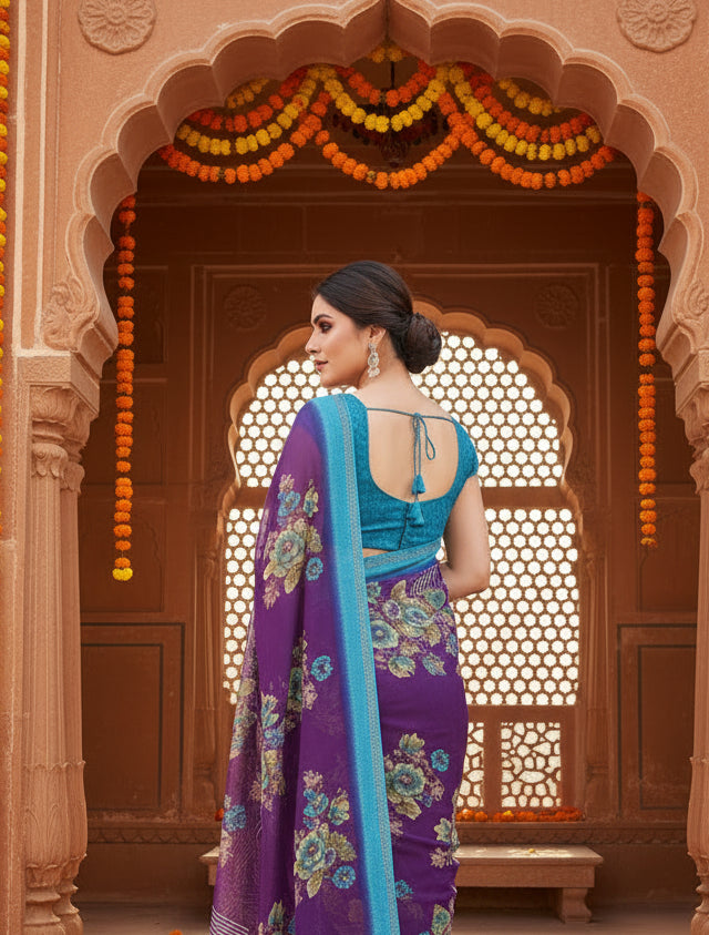 Women's Georgette Printed Saree With Unstitched Blouse 5.5Mtr (Purple)