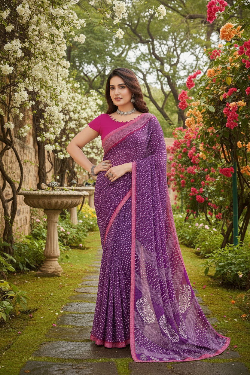 Women's Georgette Printed Saree With Unstitched Blouse 5.5Mtr (Purple)