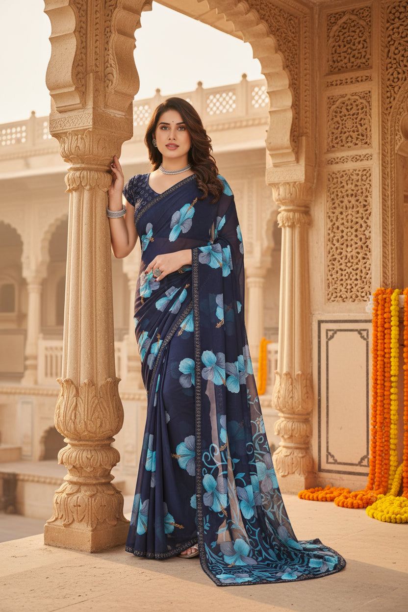 Women's Georgette Printed Saree With Unstitched Blouse 5.5Mtr (Navy Blue)