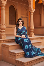 Load image into Gallery viewer, Women's Georgette Printed Saree With Unstitched Blouse 5.5Mtr (Navy Blue)
