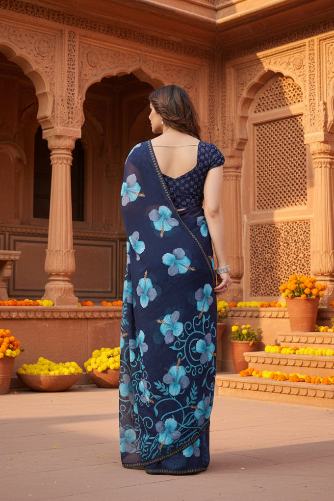 Women's Georgette Printed Saree With Unstitched Blouse 5.5Mtr (Navy Blue)
