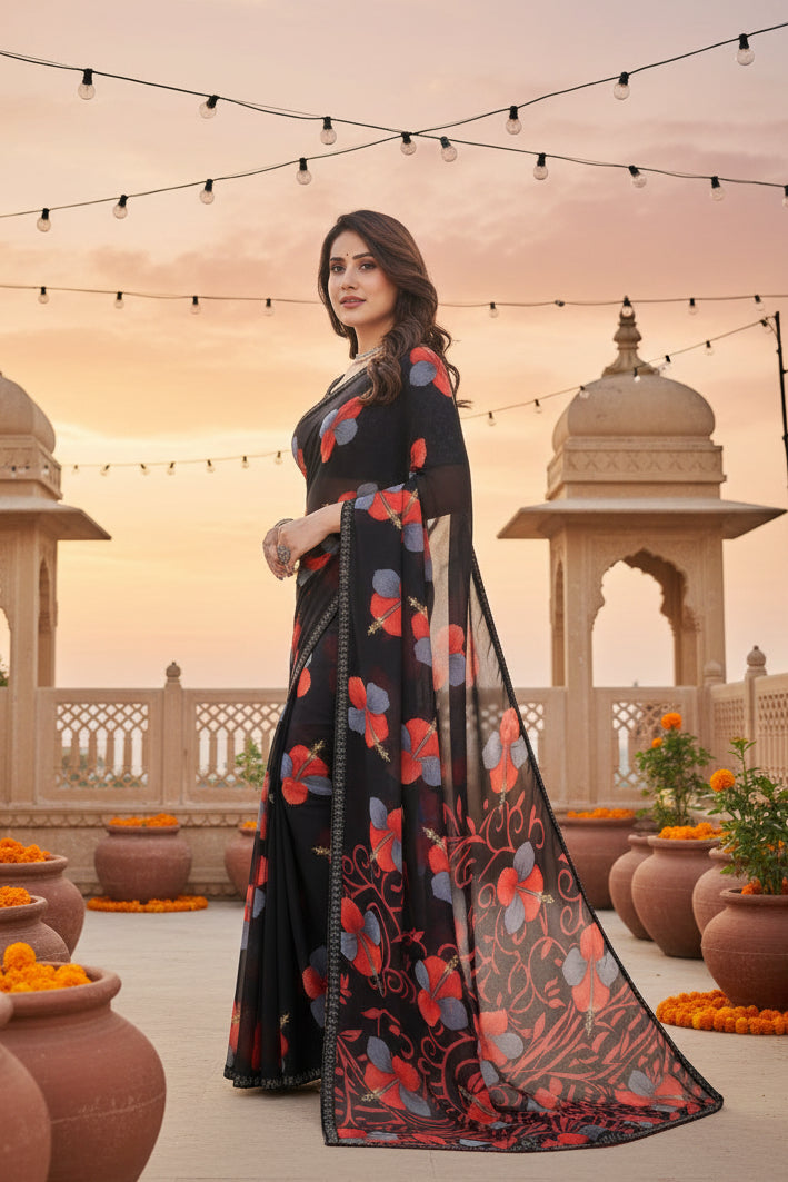 Women's Georgette Printed Saree With Unstitched Blouse 5.5Mtr (Black)
